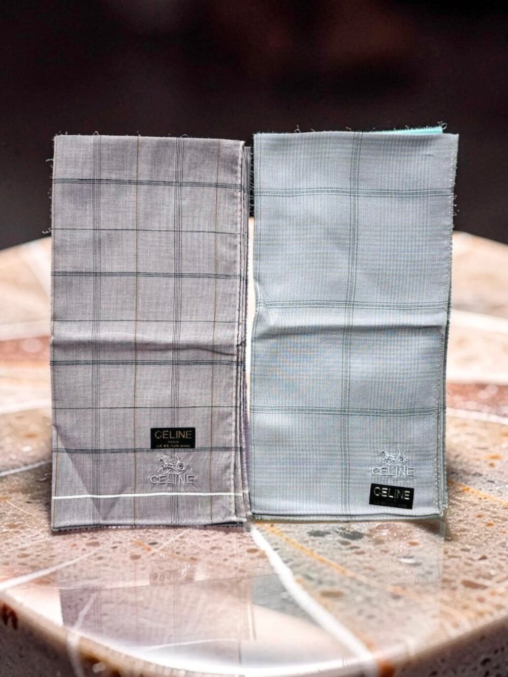 2 New Men Celine Paris HandkerchiefCotton made 18.5 beige brown embroidered (98